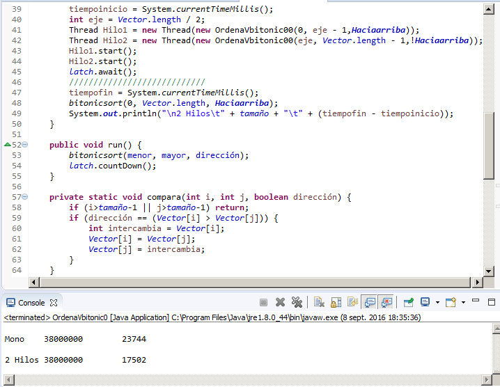 Bitonicsort. Ejemplo en Java (2 Hilos)